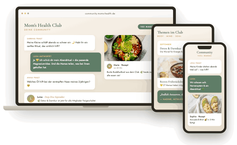 Mom's Health Club Community auf Handy, Tablet und Laptop